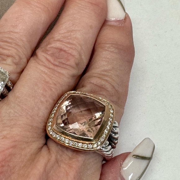 David Yurman 14mm Morganite Diamond Albion Ring .925 18K Rose Gold Sz 7 - Picture 3 of 10